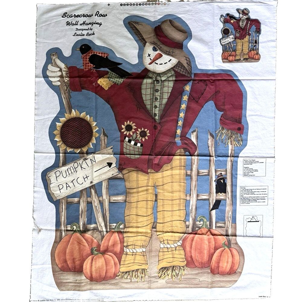 Fall Scarecrow Row Wall Hanging Cut & Sew Fabric Quilt Panel Cranston L Beck NEW